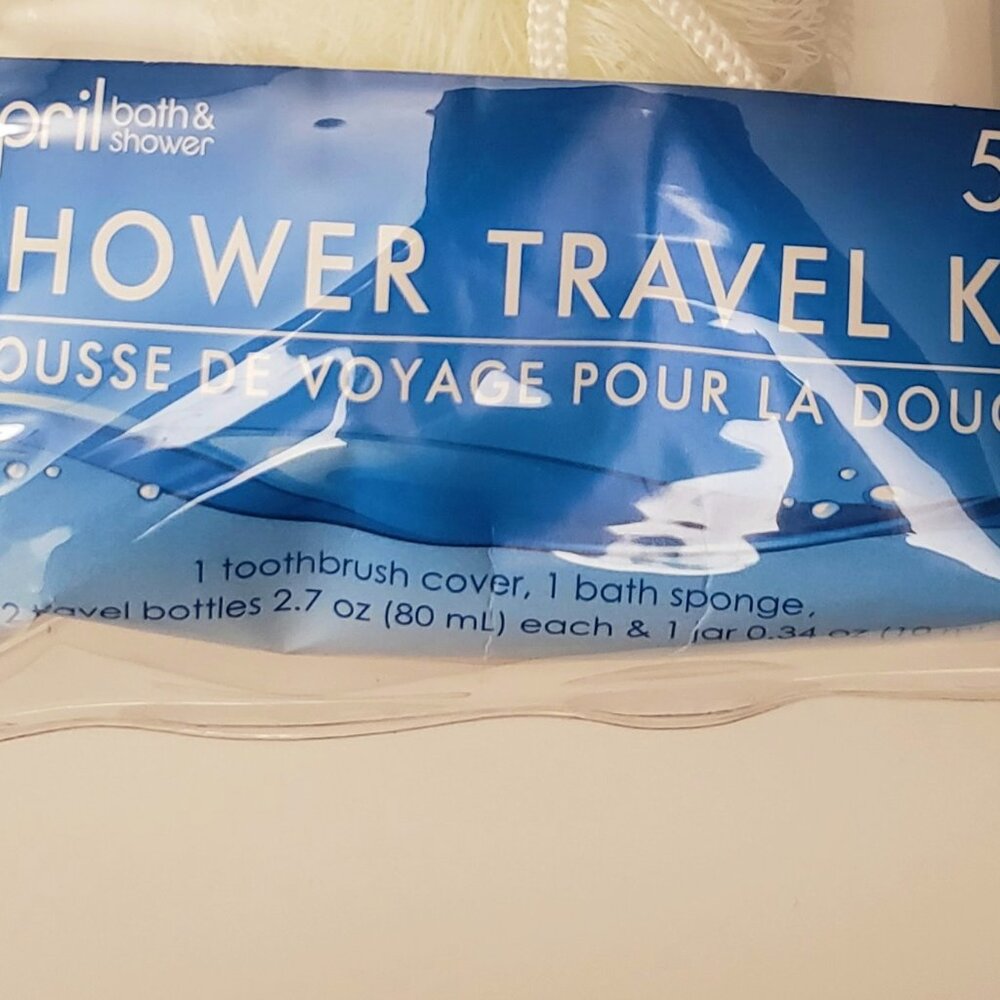 3/$10 5pc Travel Size Toiletry Kit Shower Mini Bottles Bath Pouf Scrub Reusable - Picture 3 of 3